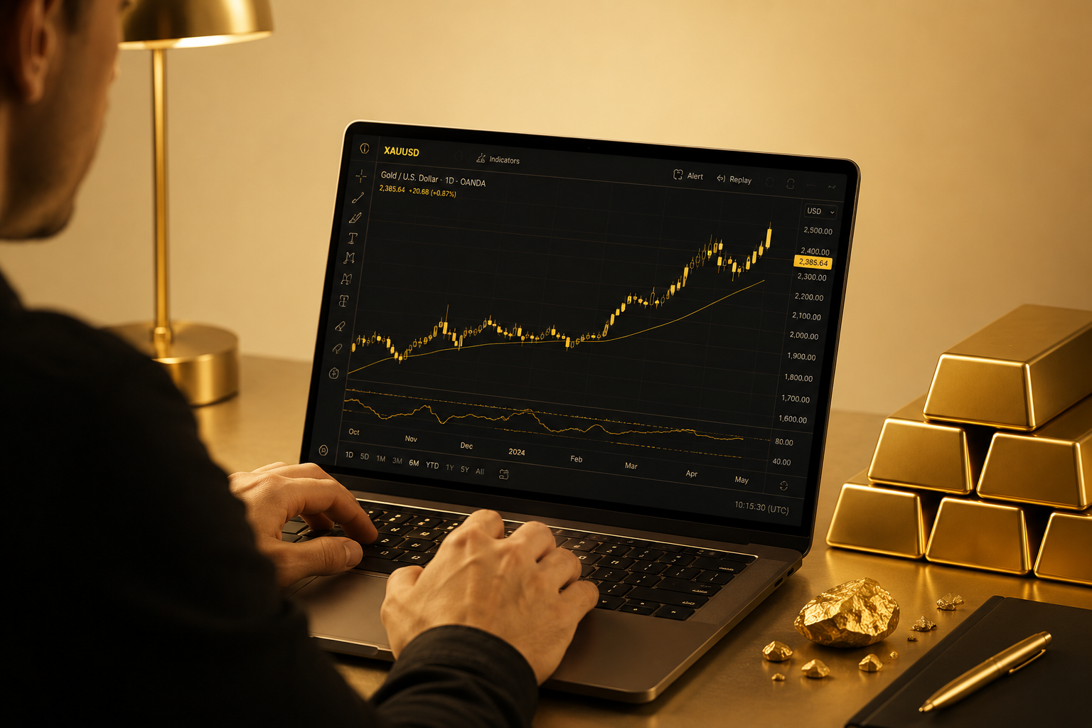 Handelen in goud (XAUUSD) op een laptop, met goudstaven op tafel